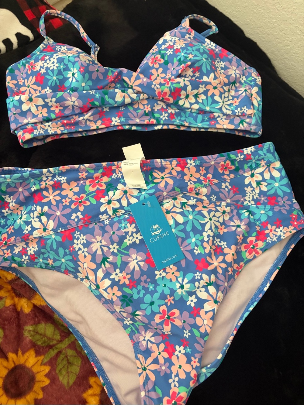 Cupshe Blue Floral High-Waist Bikini Set, medium top and large bottoms